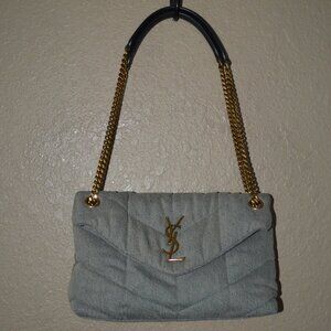 YSL Yves Saint Laurent Medium Puffer Shoulder Bag Quilted Vintage Denim Handbag